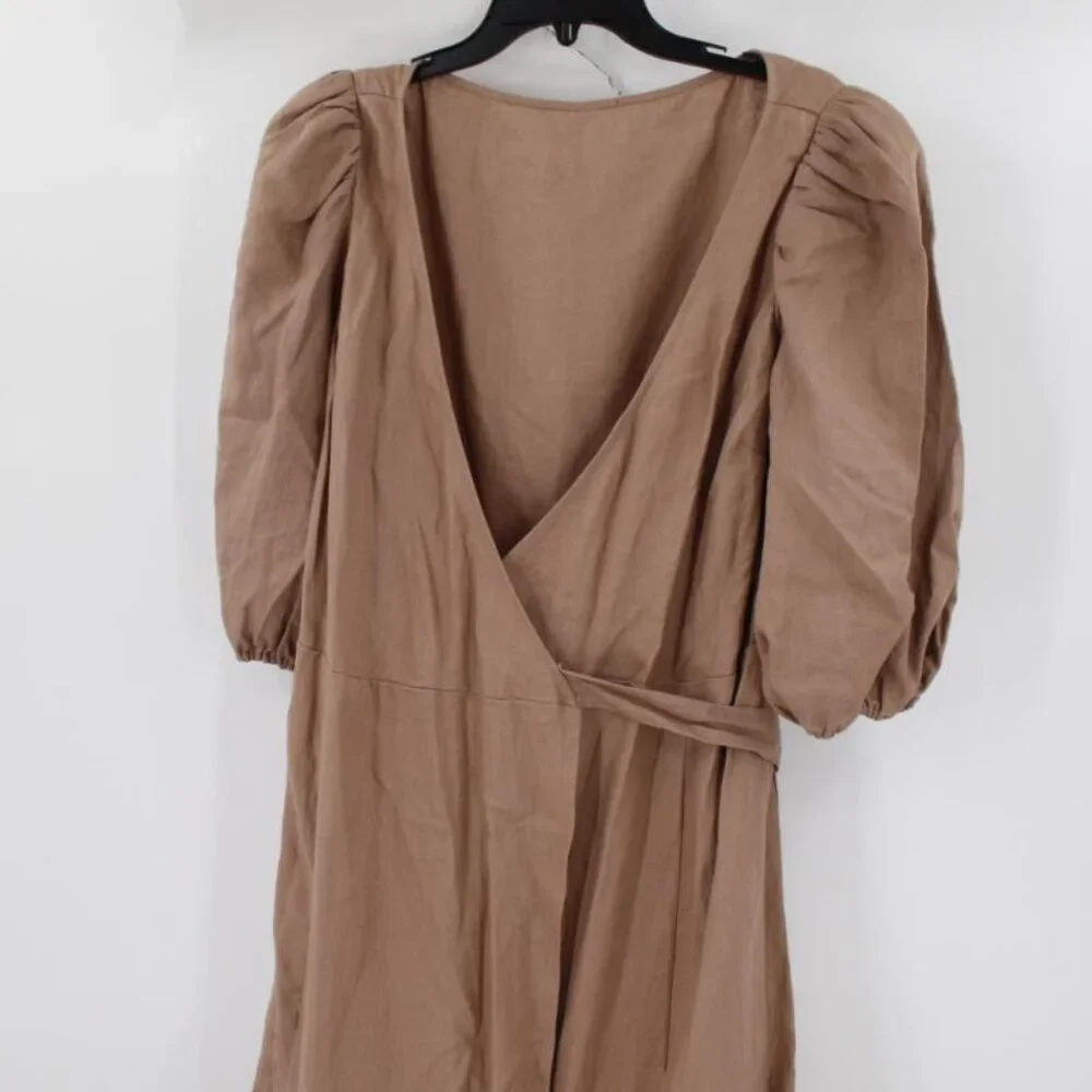 NEW Reformation Anna wrap Dress Women's XL Clay Brown Linen Puff Sleeves Midi - Picture 2 of 15